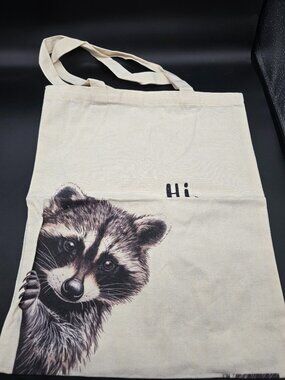 Raccoon “Hi” Cotton Tote Bag – Canvas Reusable Bag – NIP
